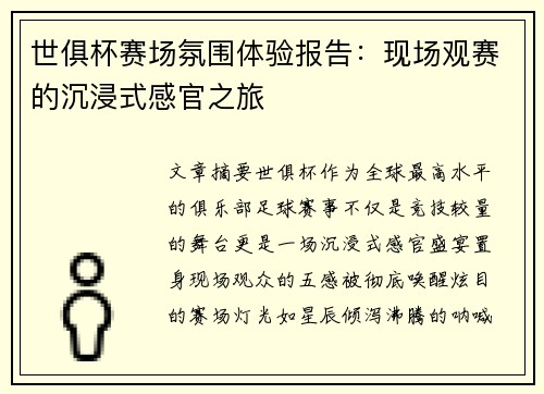 世俱杯赛场氛围体验报告：现场观赛的沉浸式感官之旅